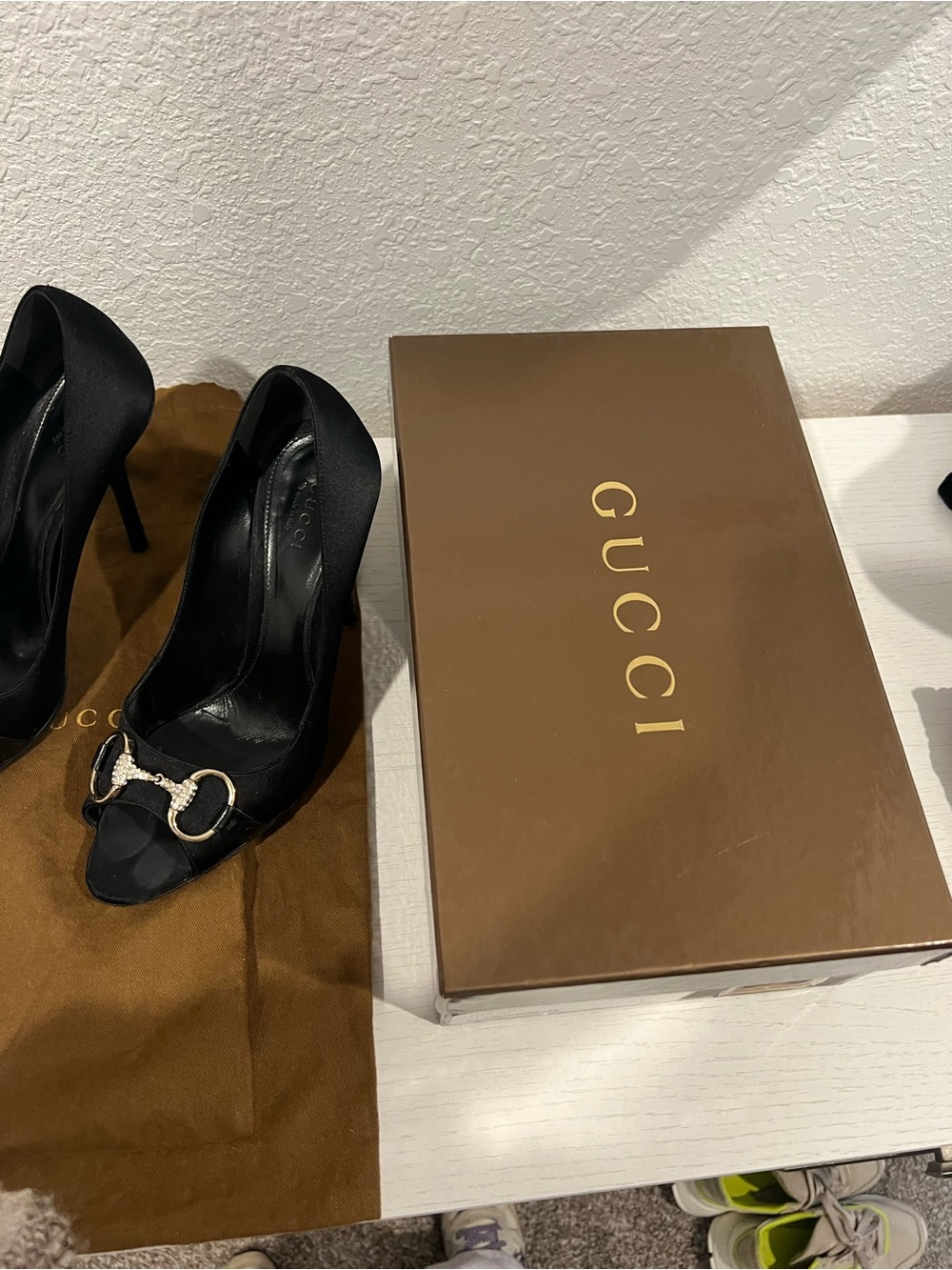 Gucci Black Satin Peep-Toe Heels with Gold Crystal Horsebit - Picture 2 of 8
